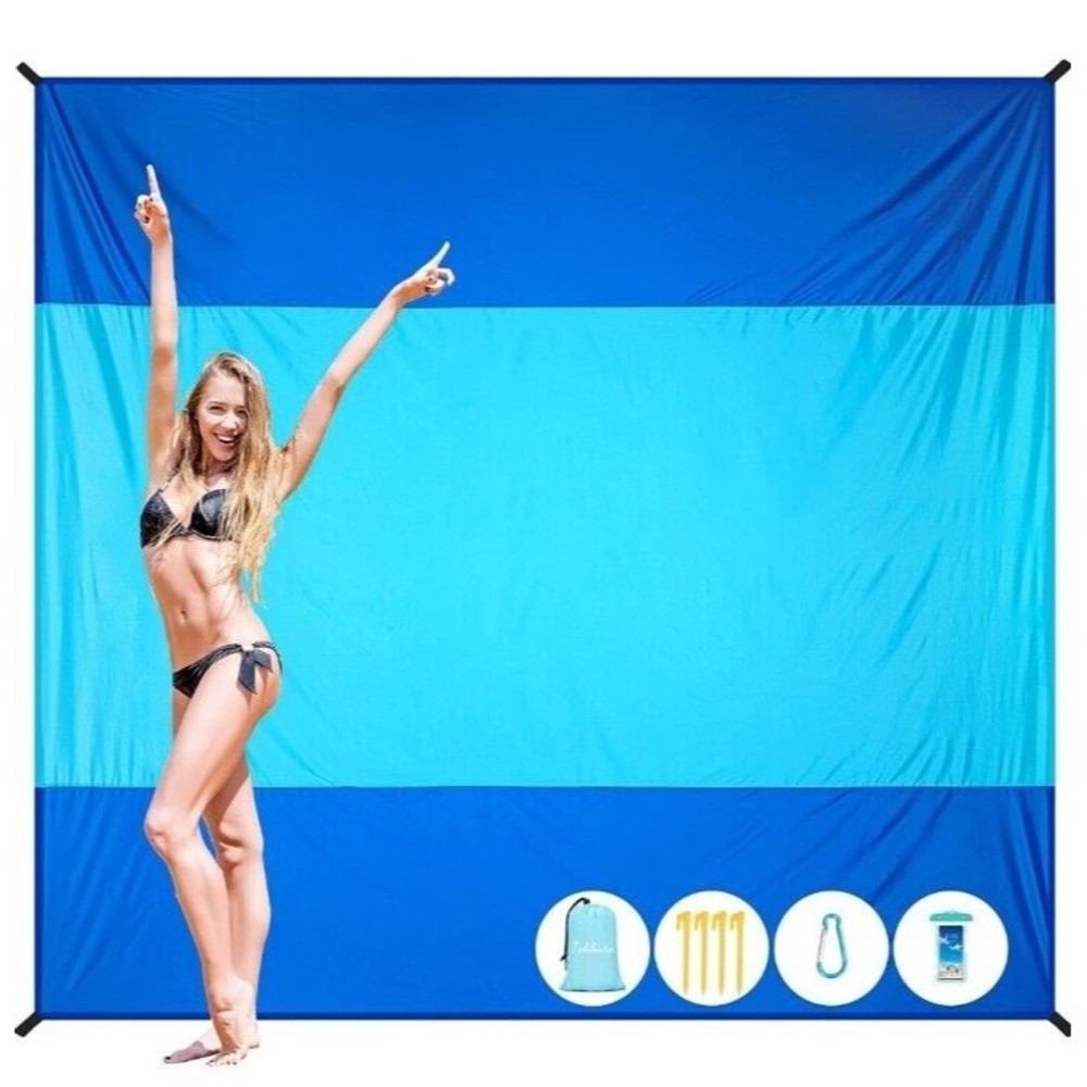 110"x 120" OVERSIZED Beach Blanket Sand & Water Proof  4 Stakes, Bag +Phone Case